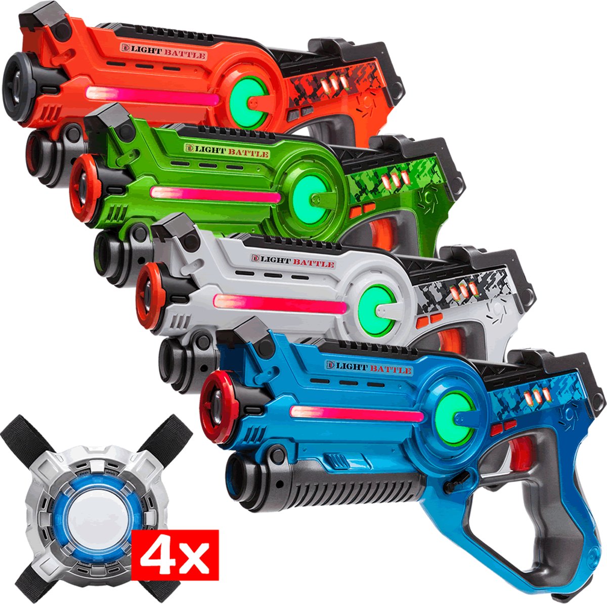 Lasergamen op locatie? Lasergame set: 4 Light Battle laserguns + 4 vesten | Lasergun kopen voor kinderen